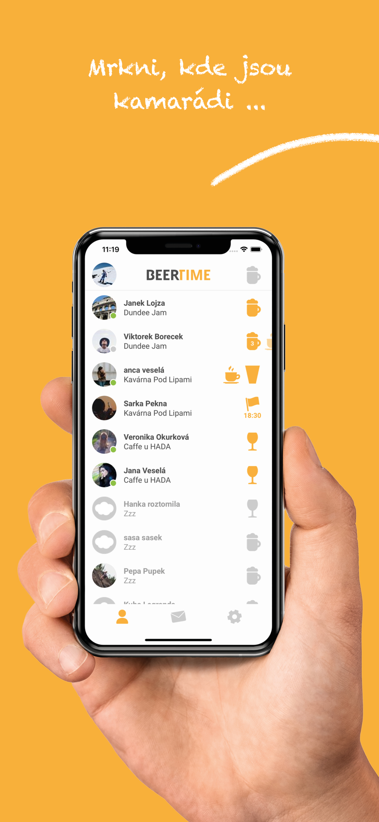 Beertime app shown in a hand with a friends status feed